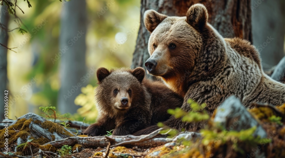 Obraz premium Mother bear and her cub sharing a tender moment in the forest.