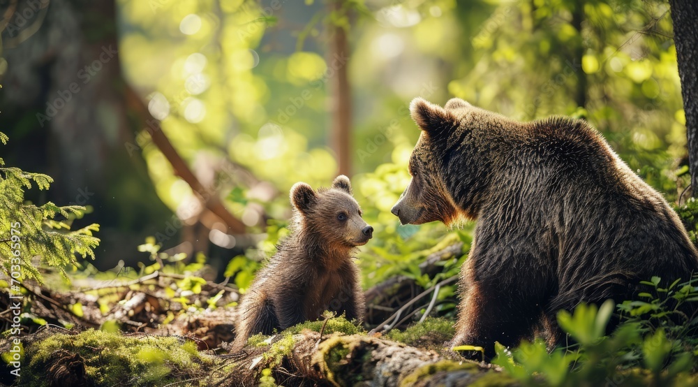 Fototapeta premium Mother bear and her cub sharing a tender moment in the forest.