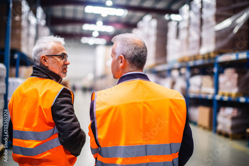 Two colleagues are discussing in industrial warehouse or storehouse with shelves full of goods, logistics, stock and inventory management concept.