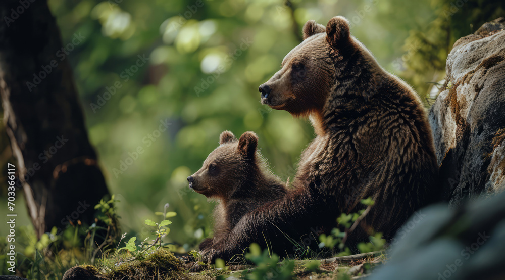 Fototapeta premium Mother bear and her cub sharing a tender moment in the forest.