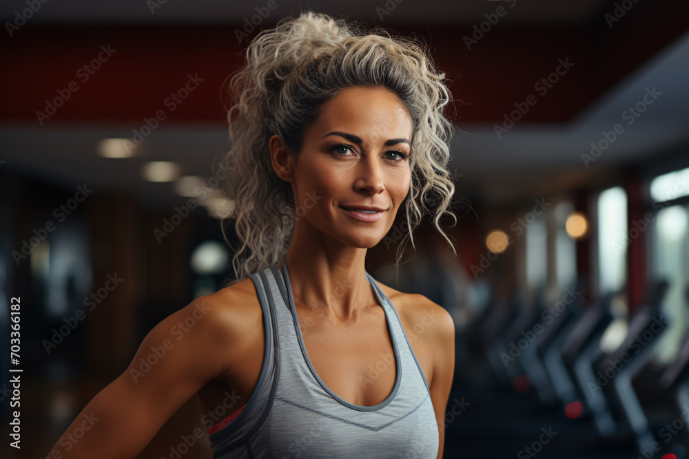 Fototapeta premium Beautiful confident middle aged woman in sportswear smiling happily at gym after excerising, healthy lifestyle and wellness concept.