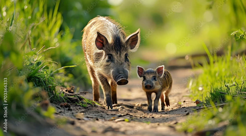A wild boar and her piglet wandering down a forest path together. A wild boar and her piglet wandering down a forest path together.