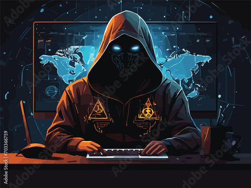 "Generate a visually striking vector artwork featuring a hooded figure seated in front of a monitor, surrounded by an aura of darkness. Infuse the illustration with cyber security symbols and elements