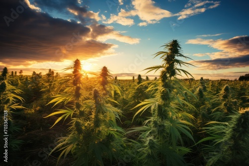 hemp plants at farm growing. Plantation with medical marijuana at sunset.