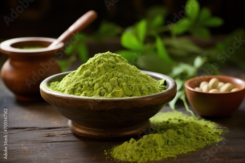 Moringa green powder for trendy superfood and drink supplement in wooden bowl with plant leaves photo