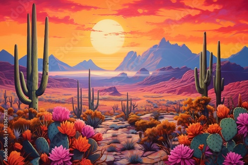 : Cacti in a desert landscape, standing tall against the backdrop of a vibrant orange and pink sunset. photo