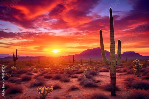 : Cacti in a desert landscape, standing tall against the backdrop of a vibrant orange and pink sunset. © Malik
