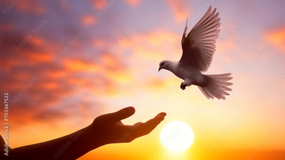 Silhouette of a dove flying back to the hands. Freedom concept. Generative AI