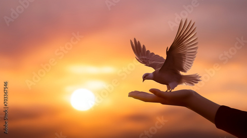 Silhouette pigeon flying out from hands in a sunset background. Freedom concept. Generative AI photo