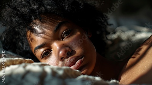 Portrait Bed Black Woman Waking Bored, Background HD For Designer