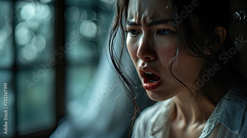 Portrait Shocked Asian Woman Overslept Opening, Background HD For Designer photo