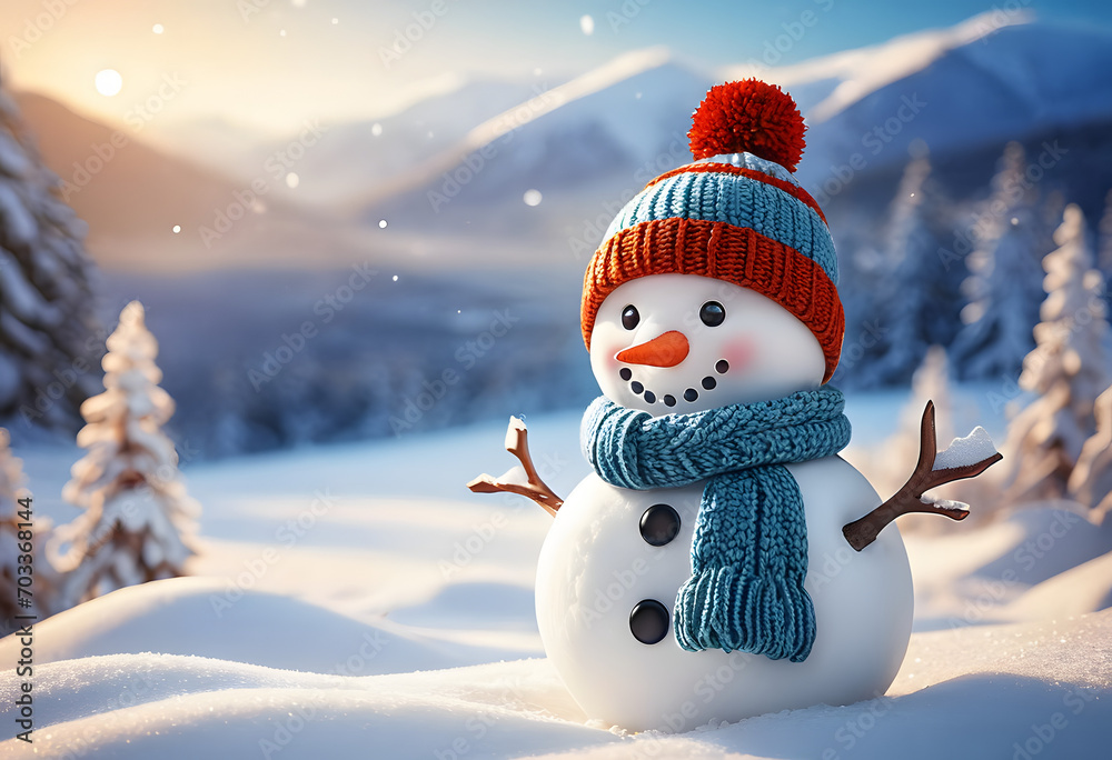 Obraz premium CUTE SNOWMAN WITH SNOW BACKGROUND LANDSCAPE SPACE FOR COPPY