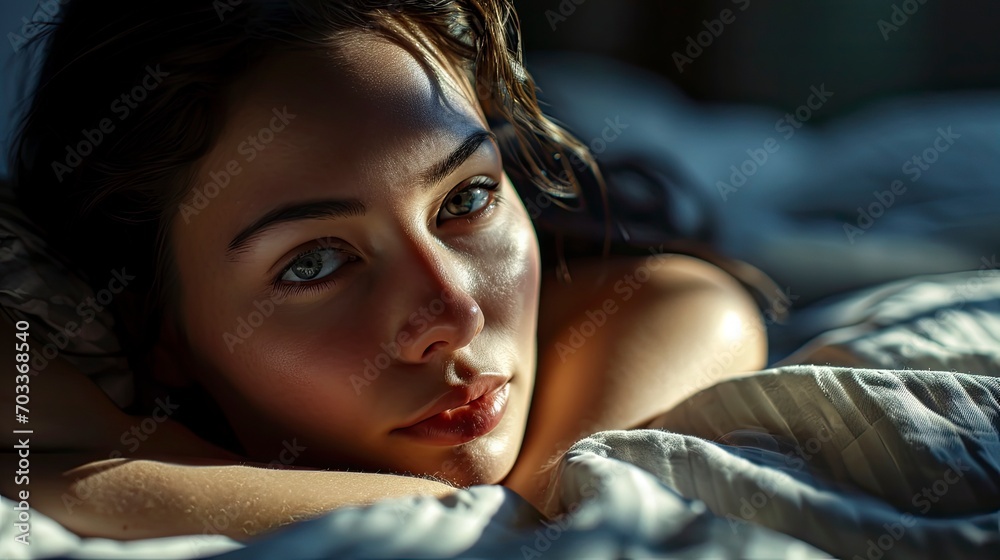 Portrait Young Brunette Woman Her Bed, Background HD For Designer Portrait Young Brunette Woman Her Bed, Background HD For Designer