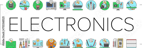 electronics technician technology icons set vector. engineer repair, circuit service, board hardware, worker maintenance, computer electronics technician technology color line illustrations