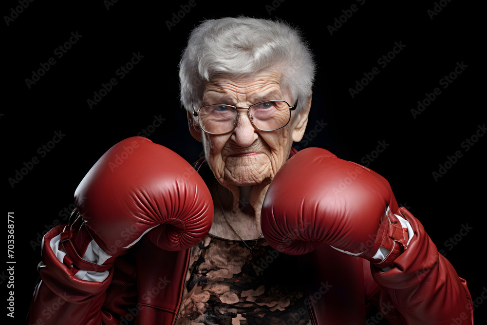 old woman wears boxing gloves