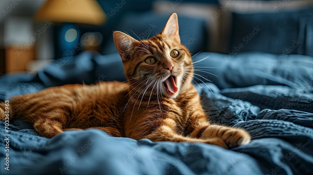 Red Cat Lying On Bed Yawning, Background HD For Designer
