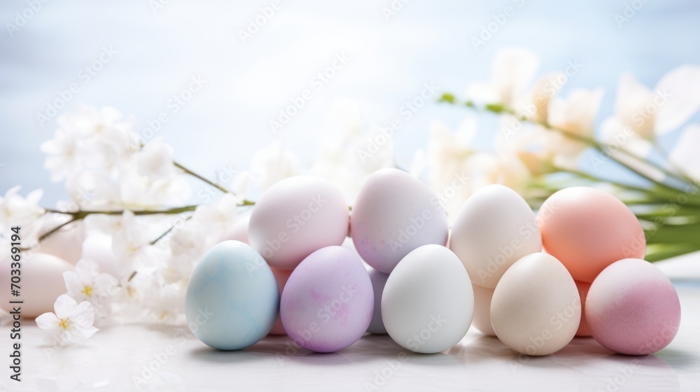  a group of eggs sitting on top of a table next to a bunch of white and pink flowers on a blue and white background.