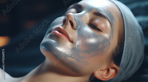 Young woman in grey mask smiling confident having facial treatment at beauty center laying in big white chair, spa wellness center, banner, copy space