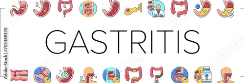 gastroenterologist doctor stomach icons set vector. health gastroenterology, intestine research, medical bowel, disease microbiota gastroenterologist doctor stomach color line illustrations