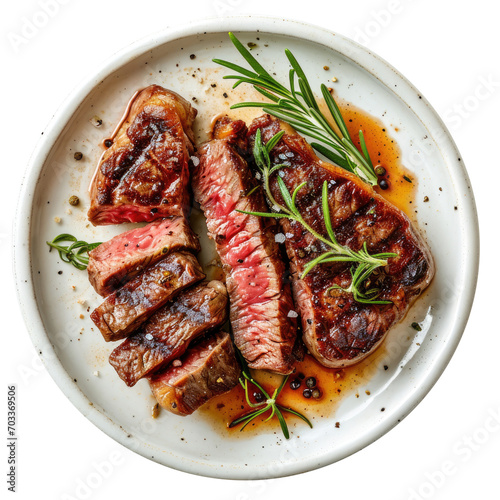 grilled meat with tomato and potato wedges on a white plate. top view, transparent background