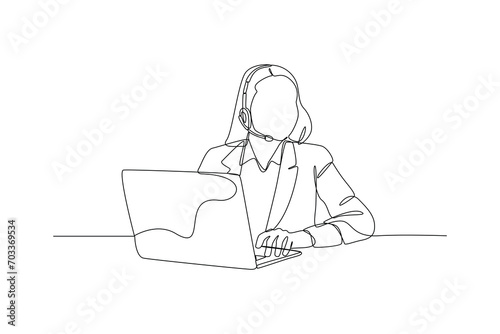 costumr service is constantly interacting with different consumers and resource in front laptop. Marketing Concept. Single line draw design vector graphic illustration.
