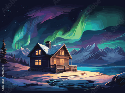 "Generate a visually captivating vector artwork portraying a magical winter night landscape. Highlight the vibrant hues of the Northern Lights against a starry sky, with a lonely house perched in the 