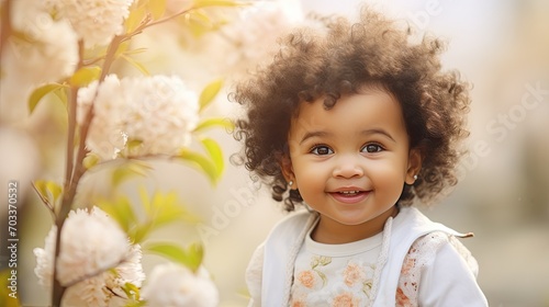 Adorable little child with flowers and spring easter background. Happy biracial baby with baby animal kitten and sweet smile. Cute toddler outdoor seasonal holiday portrait.