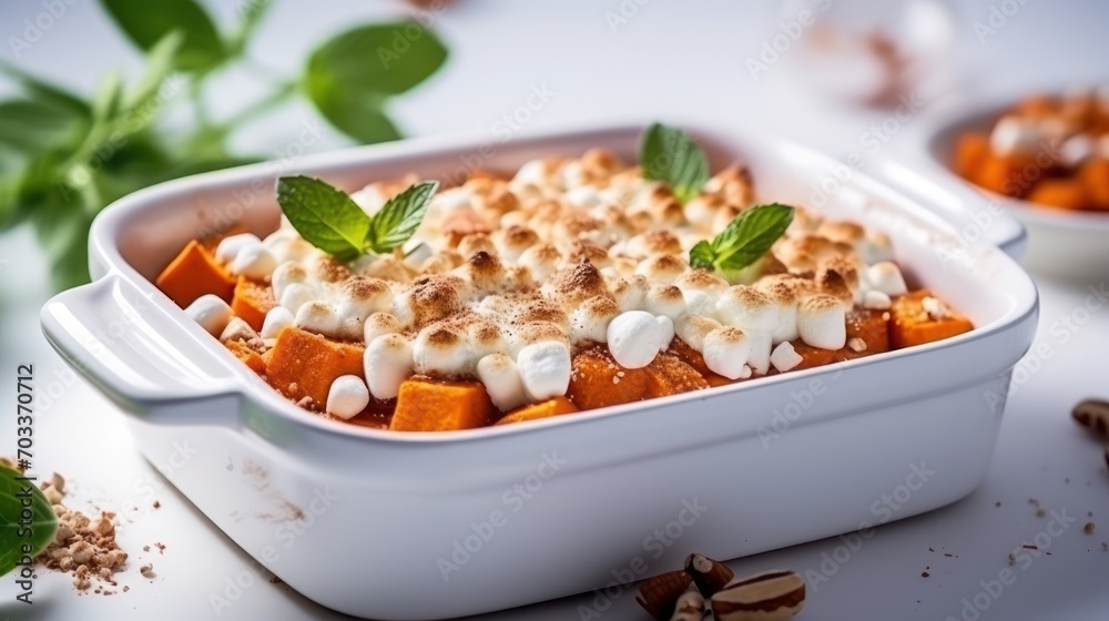 a casserole dish filled with sweet potatoes and marshmallows and topped with a sprig of mint. a casserole dish filled with sweet potatoes and marshmallows and topped with a sprig of mint.