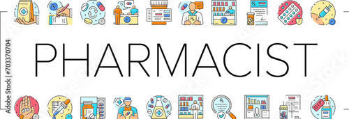 pharmacist medicine retail icons set vector. pharmacy drugstore, tablet woman, computer prescription, digital hospital, online pharmacist medicine retail color line illustrations