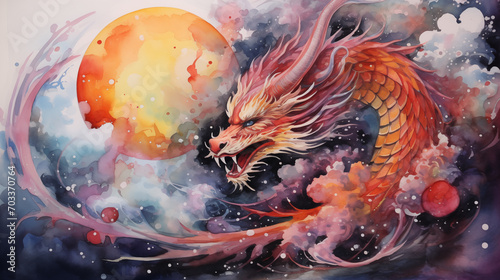 Traditional Chinese Dragon. Chinese New Year. Celebrating Year of Dragon and Lunar New Year 2024 watercolor illustration