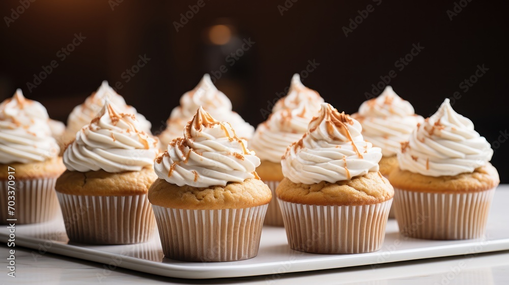  a row of cupcakes with white frosting and sprinkles on top of a white tray.