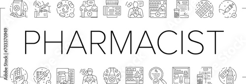 pharmacist medicine retail icons set vector. pharmacy drugstore, tablet woman, computer prescription, digital hospital, online pharmacist medicine retail black line illustrations