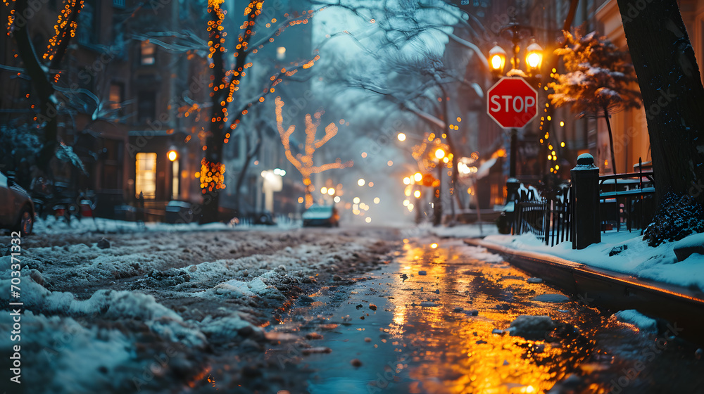 Snowy urban street at night with glowing streetlights, a stop sign, and a tranquil winter atmosphere.