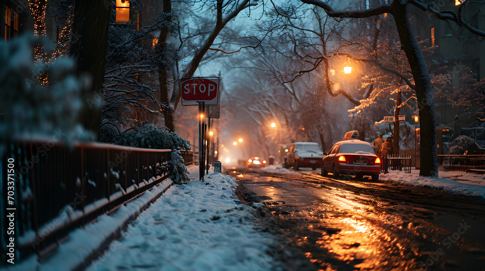 Evening winter scene with snow-covered street, glowing street lamps, and a stop sign.