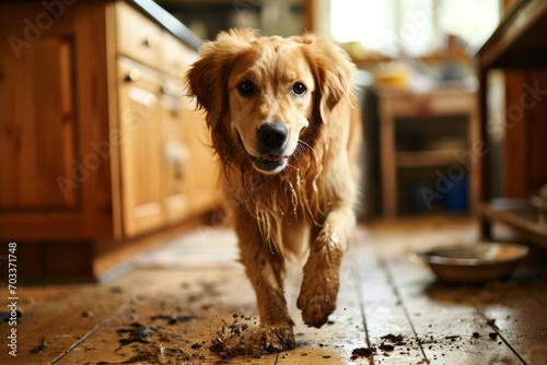 A big ginger dog, a Nova Scotia retriever, runs around in the kitchen with dirty paws and dirties the floor