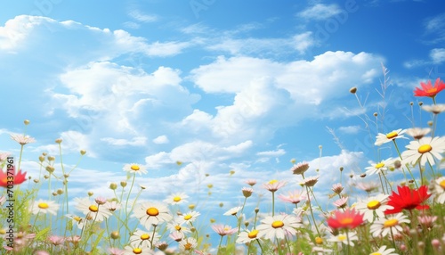 summer meadow with red and white flowers on blue sky background © Gallery BD