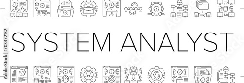 system analyst data icons set vector. analysis business, computer digital, kpi information, management financial, chart system analyst data black line illustrations