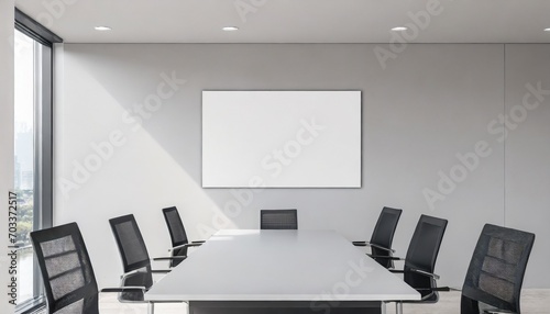 modern conference room interior with empty poster on wall and daylight mock up