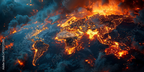 Dark world map, full covered with oil, carbon and smoke, burned and destroyed by fire, abstract conceptual illustration of global warming and environmental disaster on Earth