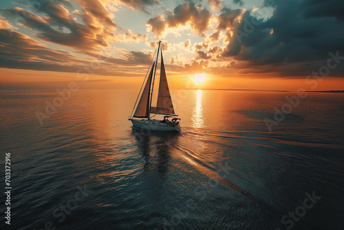 Aerial view of a coastal sunset with a solitary sailboat gracefully navigating calm waters. Ai generated