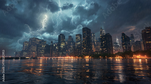 Panoramic view or skyline of a city at night with big thunderstom clouds and lightning. Ai generated