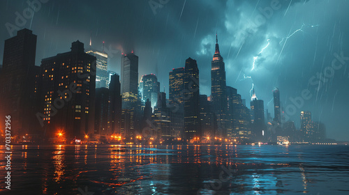 Panoramic view or skyline of a city at night with big thunderstom clouds and lightning. Ai generated