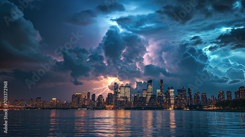 Panoramic view or skyline of a city at night with big thunderstom clouds and lightning. Ai generated photo