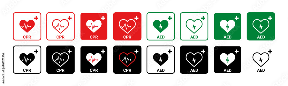CPR and AED icon collection vector. Emergency defibrillator sign or icon. - obrazy, fototapety, plakaty 