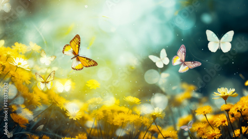 Abstract natural spring background with butterflies and light multi-colored yellow dark meadow flowers close-up.
