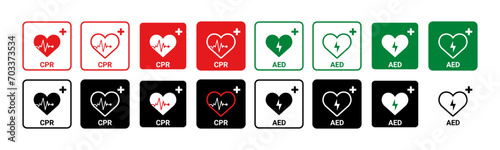 CPR and AED icon collection vector. Emergency defibrillator sign or icon. photo