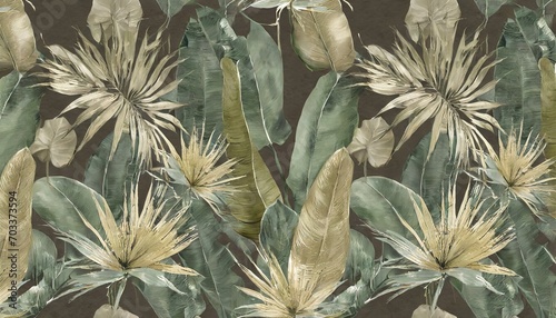 tropical background seamless border luxury wallpaper pattern texture vintage green and beige banana leaves palms jungle hand painted watercolor 3d illustration dark premium mural glam cloth