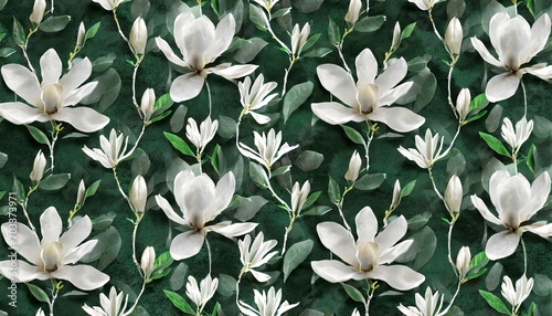 magnolia flowers seamless pattern luxury wallpaper floral background white gypsophila dark green leaves tropical hand painted watercolor 3d illustration vintage style mural digital artwork