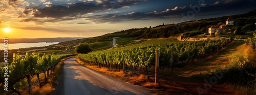 Sunset over a tranquil vineyard with rows of grapevines and a country house