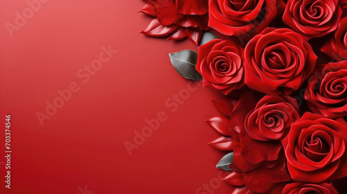Red-wrapped gifts tied with ribbons surrounded by fresh roses and heart-shaped candies on a textured background